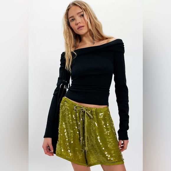 New Free People OVERSIZED Green Wisteria Sequin Palettes Baggy Boxy Shorts L